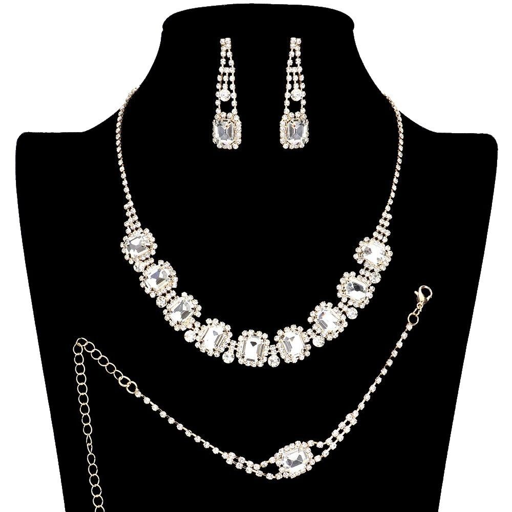 3pcs Crystal Rhinestone Jewelry Set Formal Necklace Earrings Bracelet Gold Tone